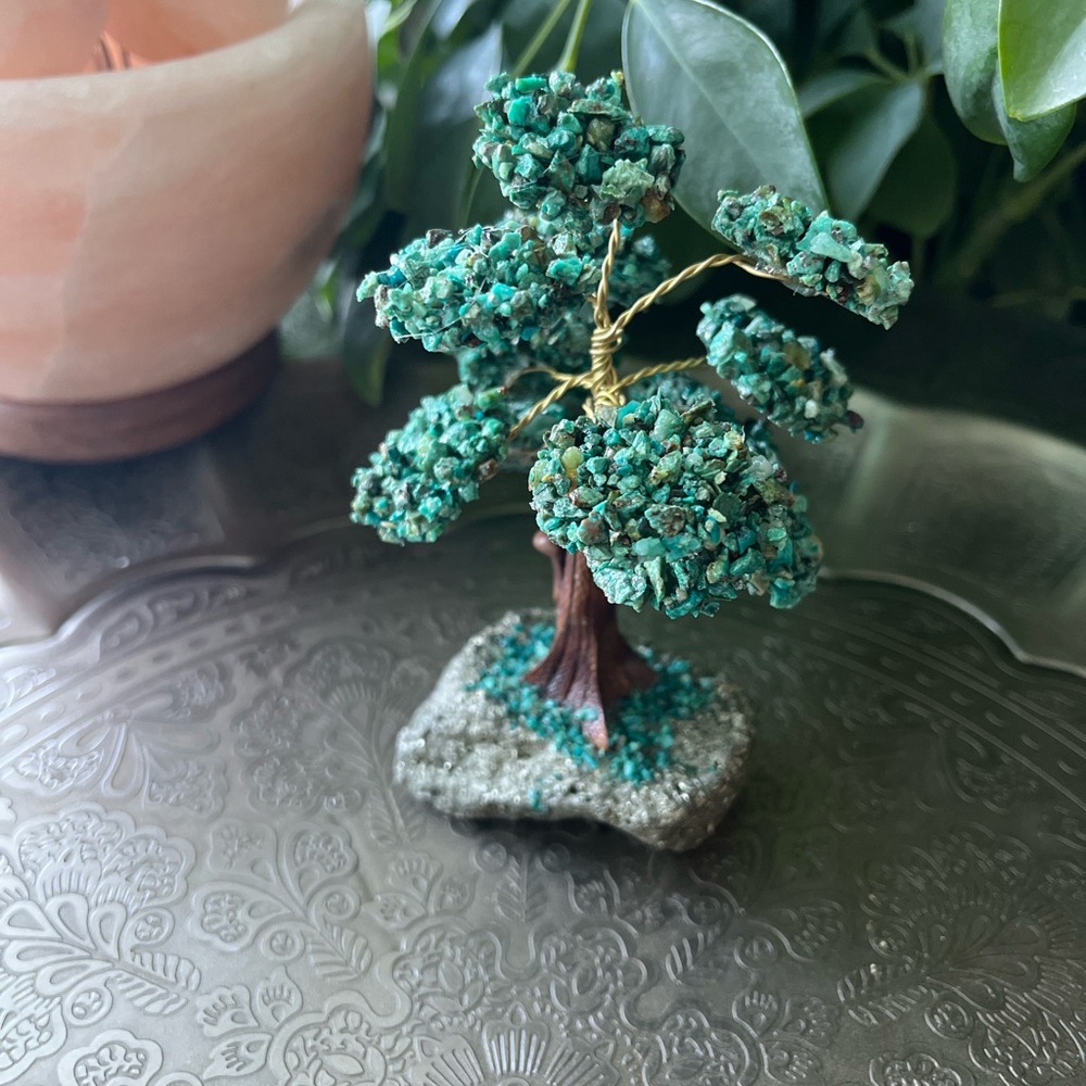Chrysocolla cluster tree with pyrite base